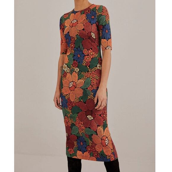 Farm Rio Stitched Flower Print Midi Dress Size Small - Picture 2 of 11